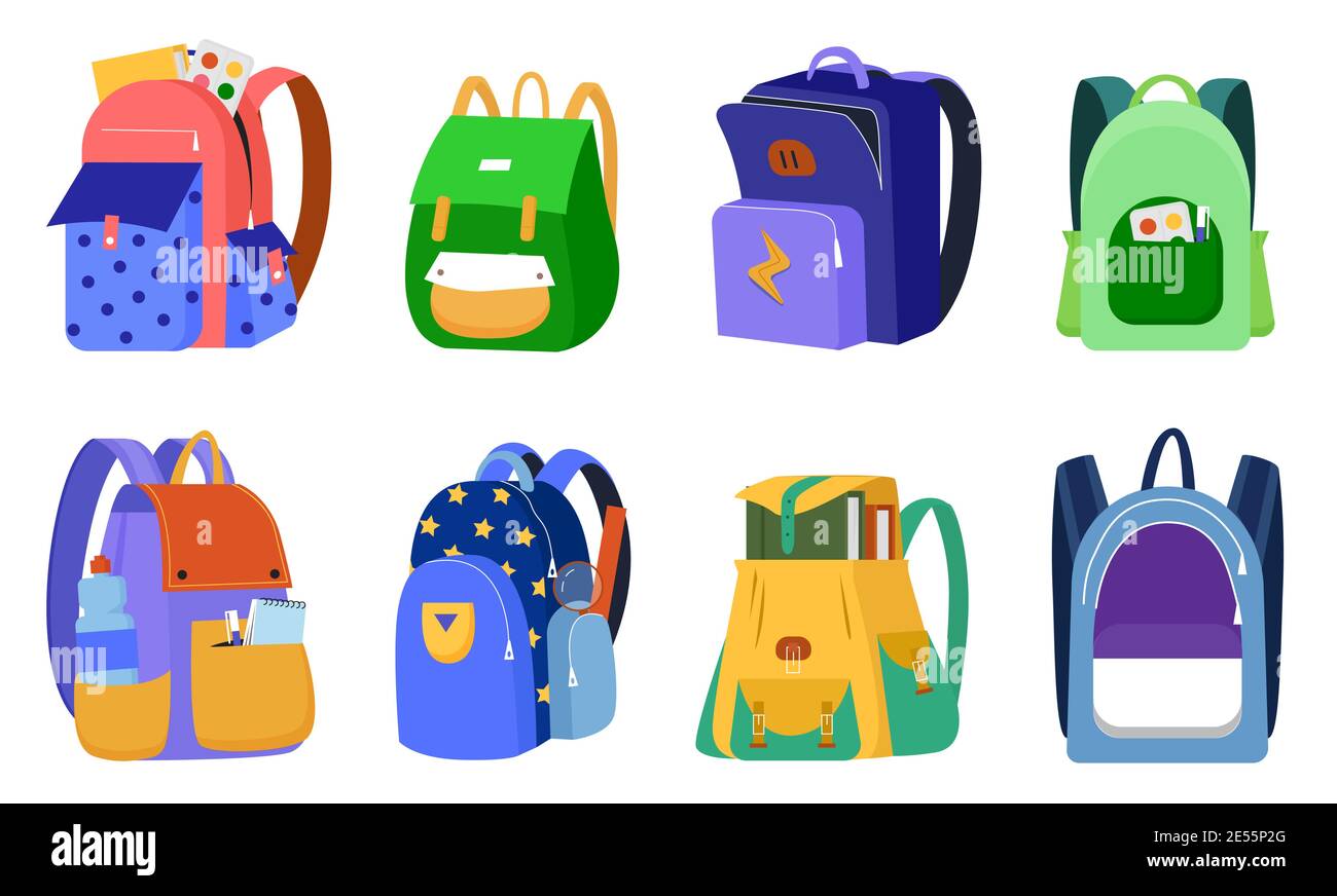 Kid backpack vector illustration set. Cartoon side or front view of child  student schoolbag collection, colorful bags full of children stationery  supply, school books and textbooks isolated on white Stock Vector Image