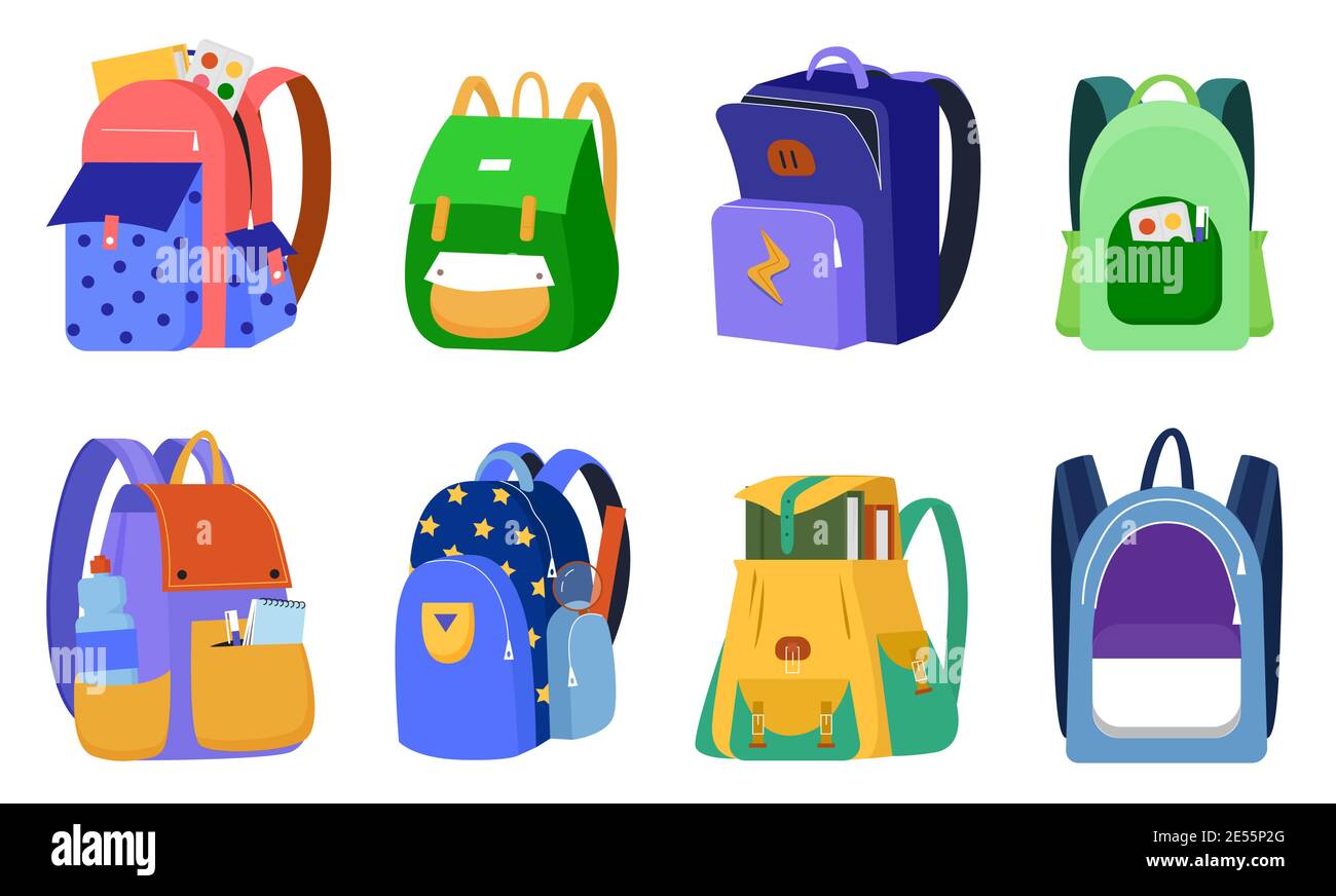 Kid backpack vector illustration set. Cartoon side or front view of child student schoolbag collection, colorful bags full of children stationery supply, school books and textbooks isolated on white Stock Vector