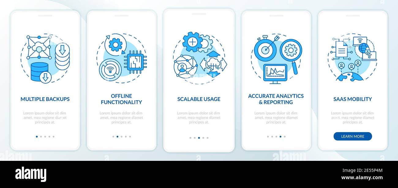 SaaS pluses onboarding mobile app page screen with concepts Stock Vector