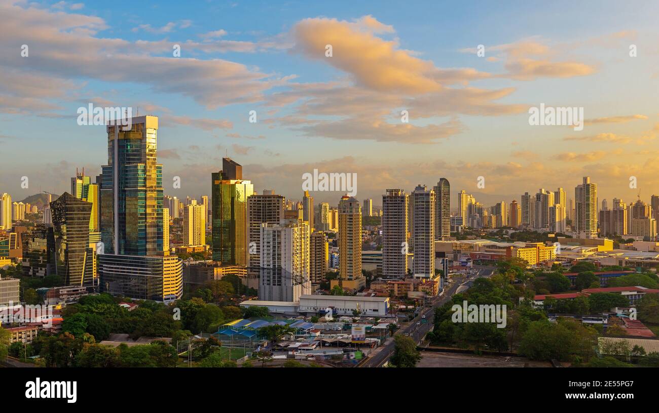 Panama City and its financial business district skyline at sunrise, Panama. Stock Photo