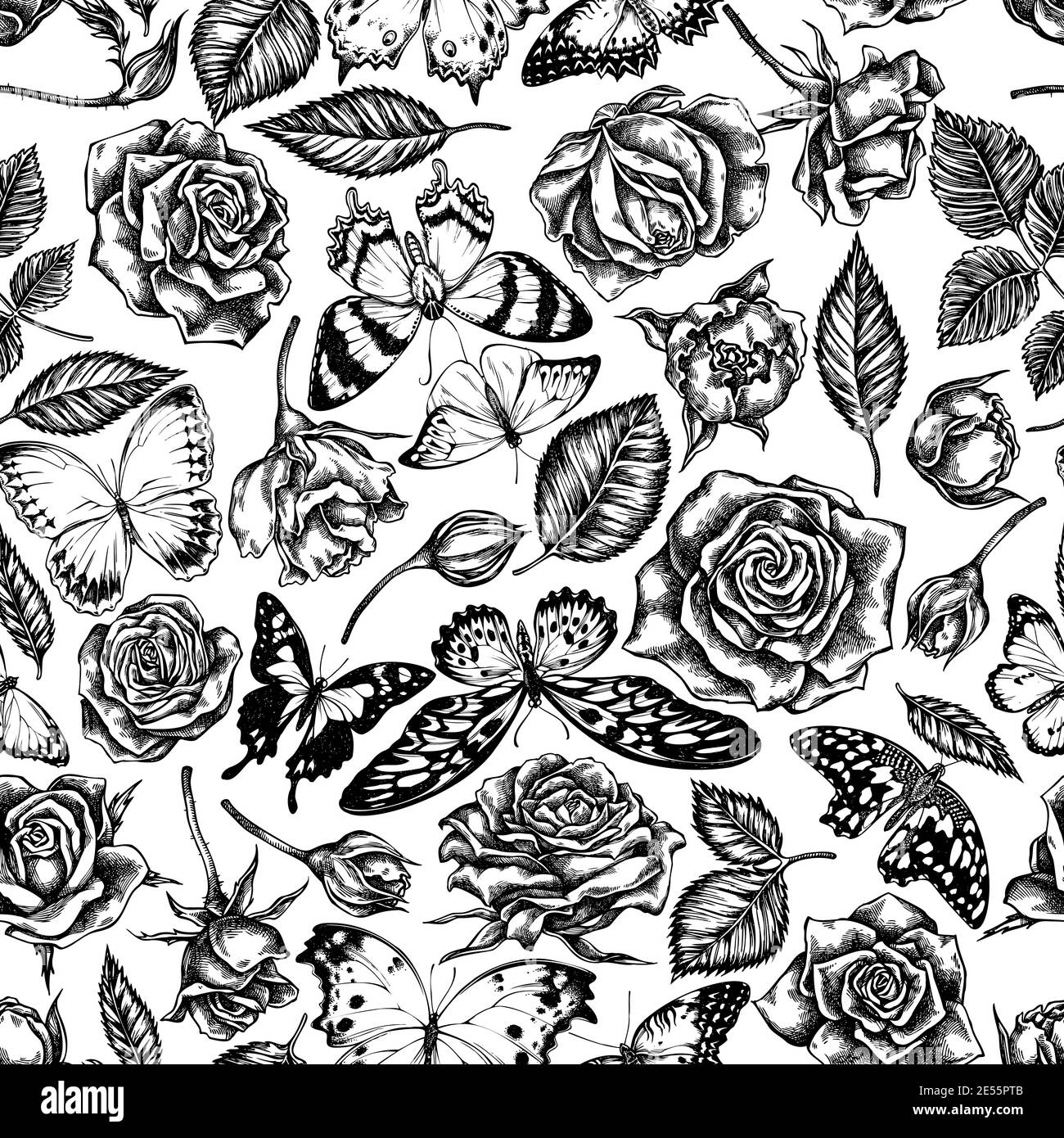 Seamless pattern with black and white lemon butterfly, red lacewing, african giant swallowtail, alcides agathyrsus, purple spotted swallowtail, forest Stock Vector