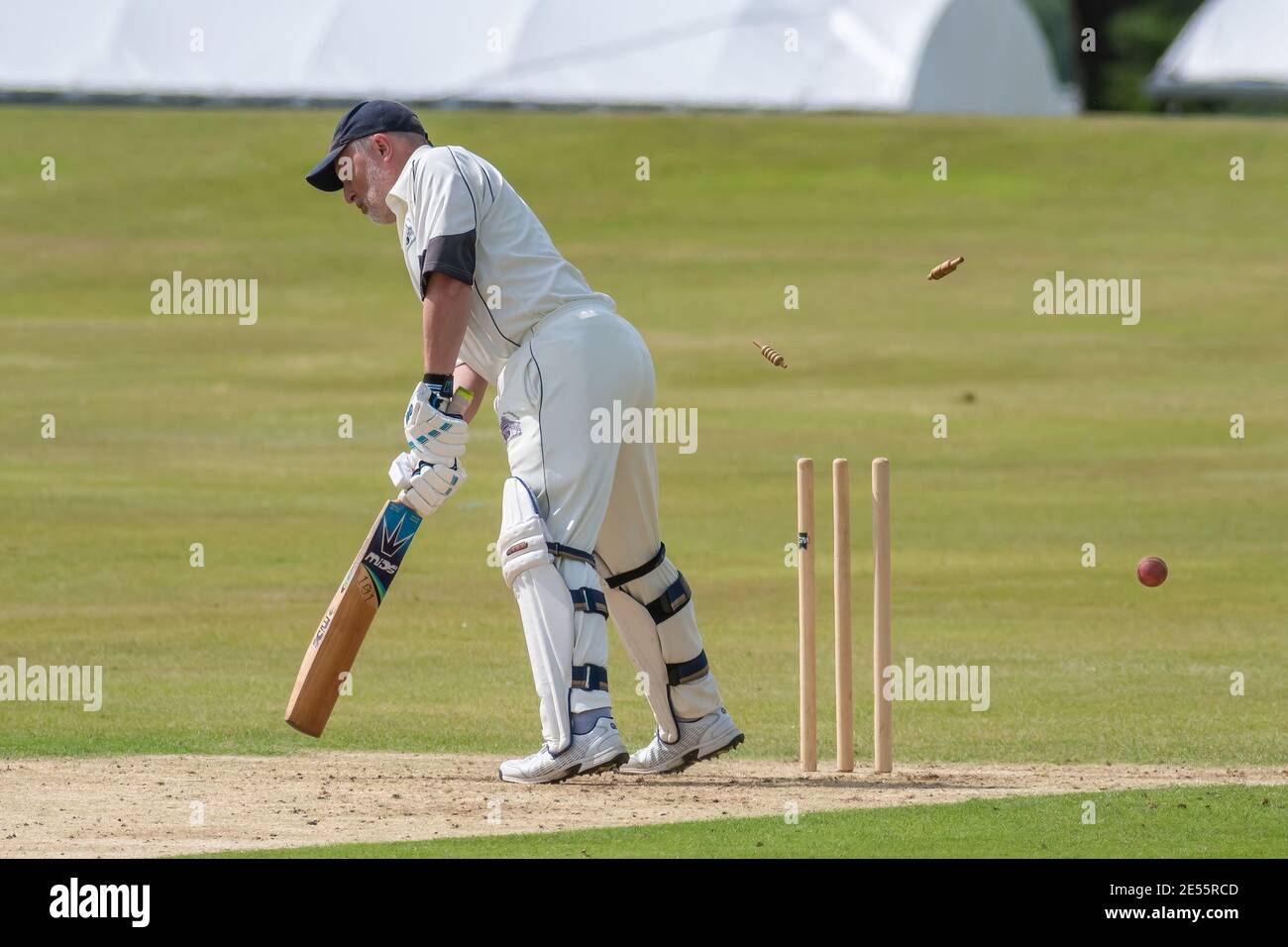 Bowled. Bales fly off the stumps as the cricket ball passes out of shot, at an amateur cricket match in Perth, Scotland. Stock Photo