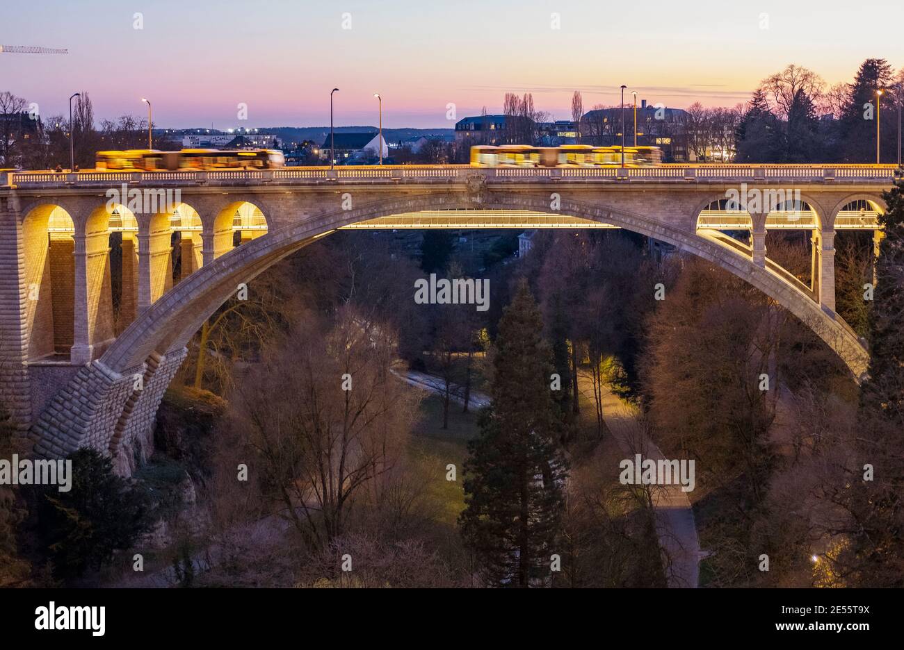Adolphe Bridge in Luxembourg during sunset. Stock Photo