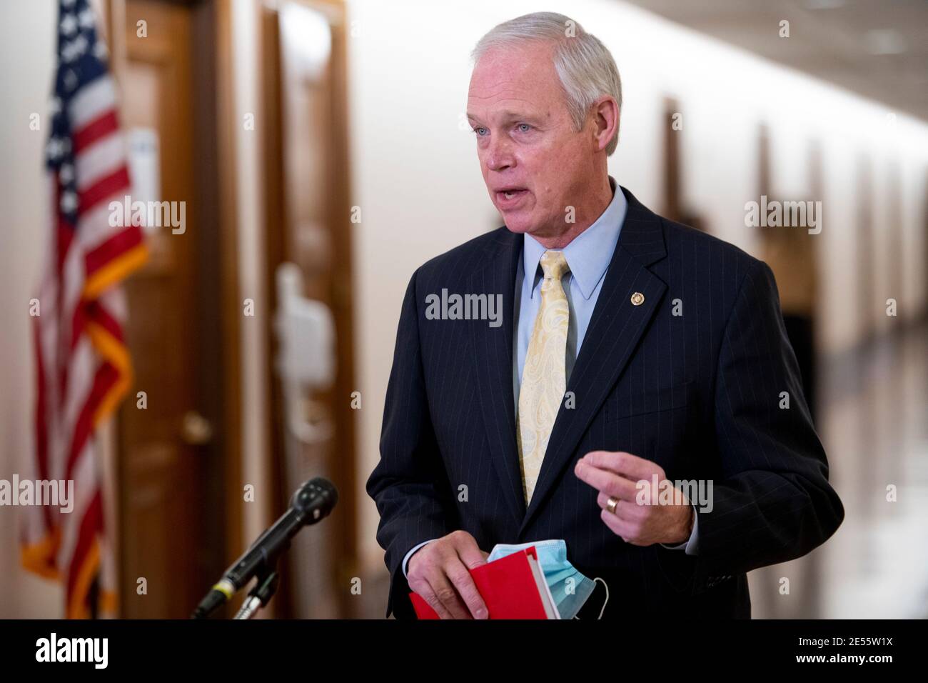 United States Senator Ron Johnson (Republican of Wisconsin) talks with reporters prior to a Senate Committee on Homeland Security and Governmental Affairs business meeting to consider the nomination of Alejandro Nicholas Mayorkas to be Secretary of Homeland Security in the Dirksen Senate Office Building in Washington, DC, Tuesday, January 26, 2021. Credit: Rod Lamkey/CNP /MediaPunch Stock Photo