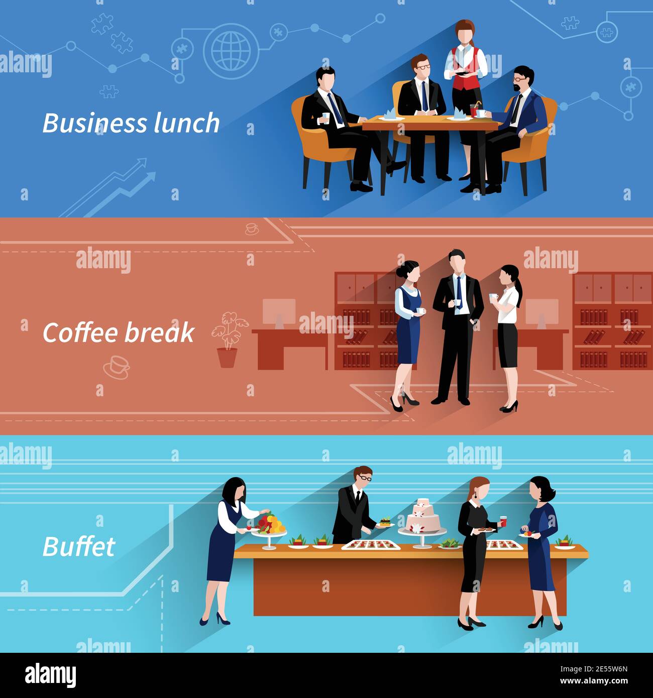 Business lunch coffee break and buffet service at work flat horizontal