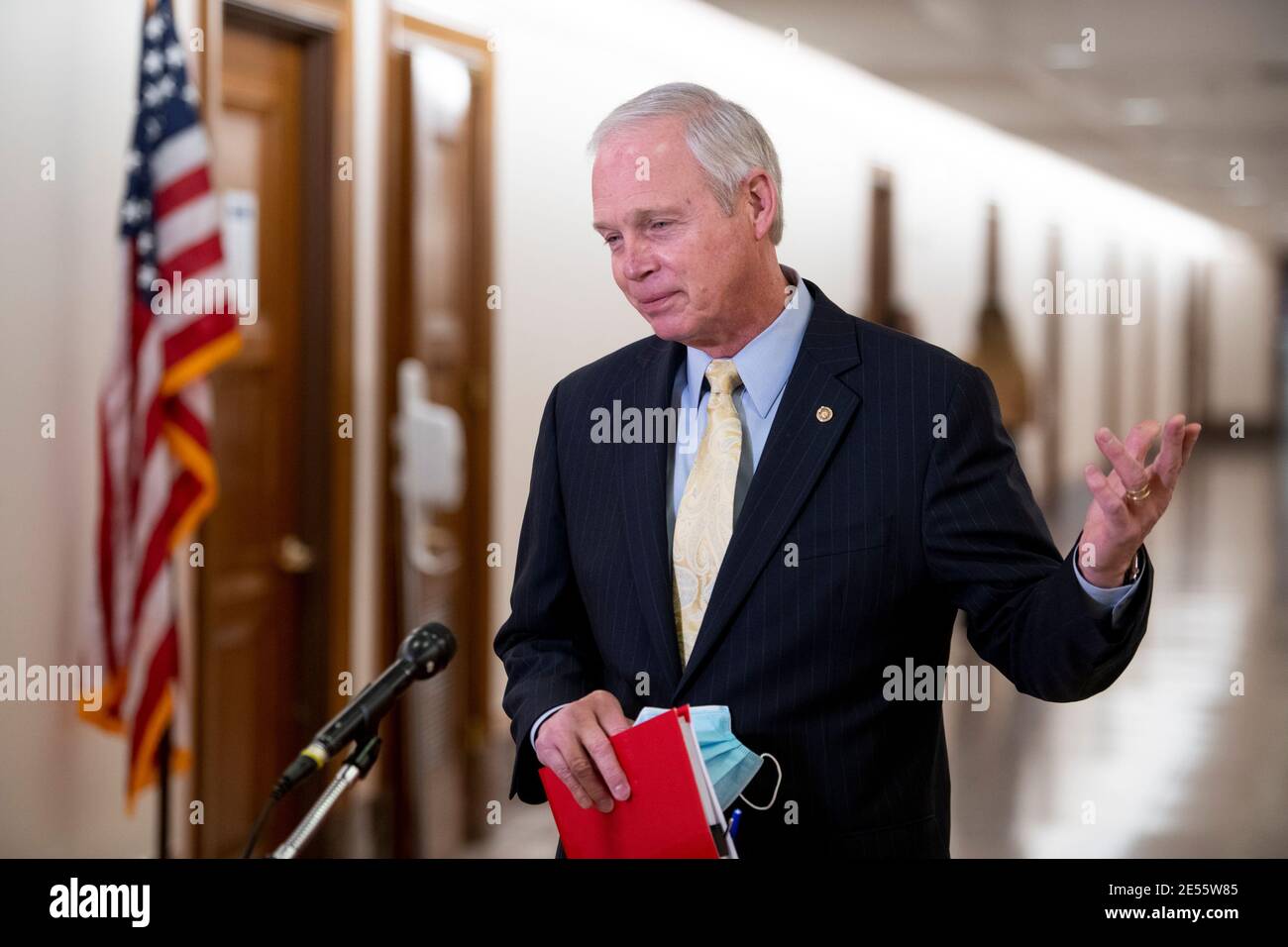 United States Senator Ron Johnson (Republican of Wisconsin) talks with reporters prior to a Senate Committee on Homeland Security and Governmental Affairs business meeting to consider the nomination of Alejandro Nicholas Mayorkas to be Secretary of Homeland Security in the Dirksen Senate Office Building in Washington, DC, Tuesday, January 26, 2021. Credit: Rod Lamkey/CNP /MediaPunch Stock Photo