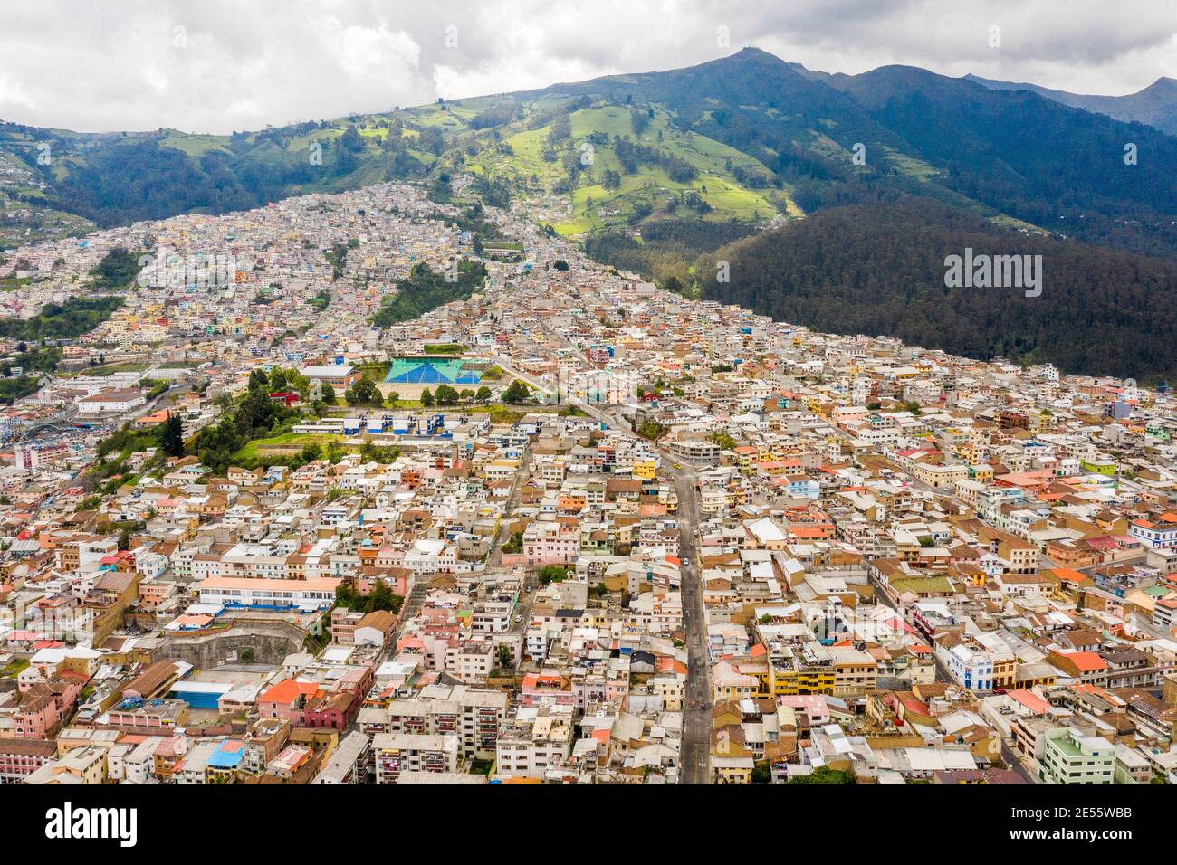 Aerial view shows the densely populated town of Quito in Ecuador. Stock Photo