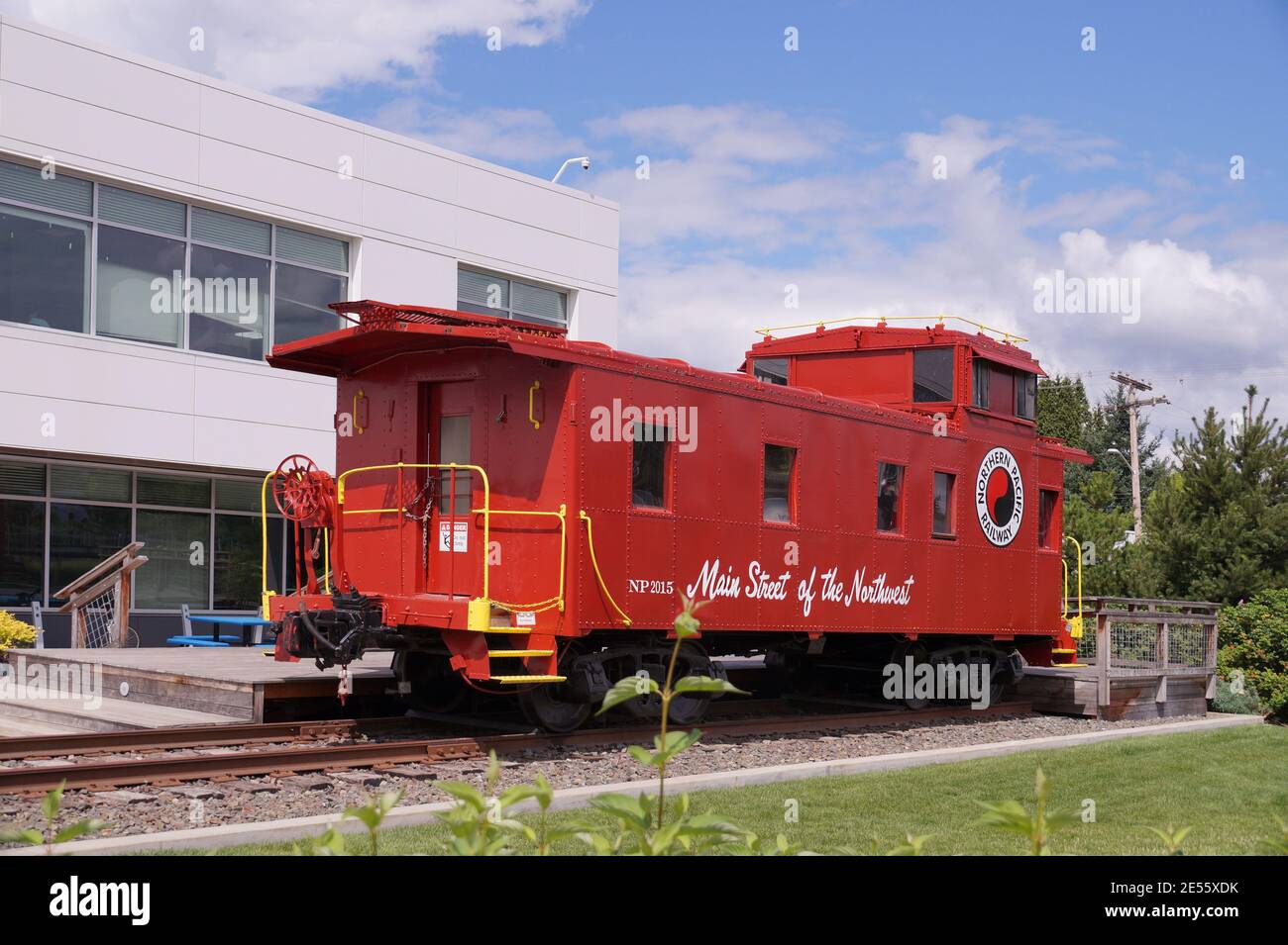 Antique caboose is a reminder of the past Northern Pacific Railroad. Cross Kirkland Corridor. August 29, 2019. Stock Photo