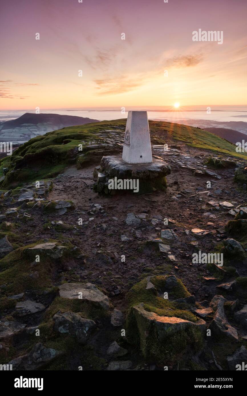 Sunrise at the top of the Sugar Loaf mountain near Abergavenny. Stock Photo
