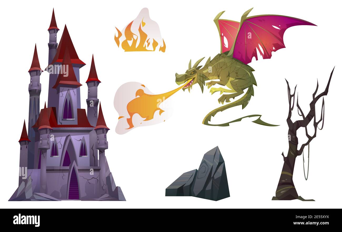 Dragon breath with fire, old castle, tree and rock cartoon set. Fantasy character, magic palace, natural objects fairytale images for book or computer game, vector icons isolated on white background. Stock Vector