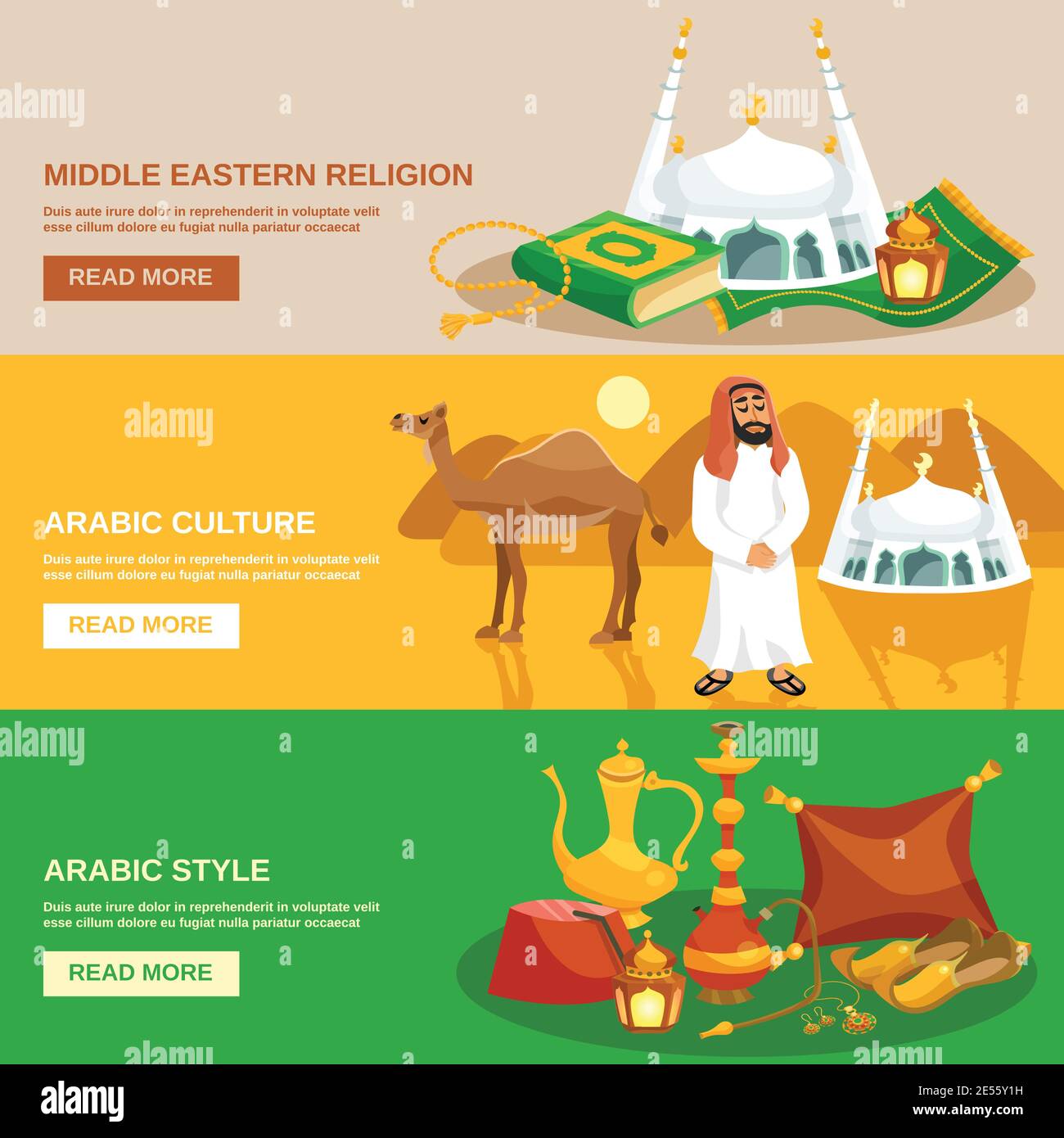 Arabic culture horizontal banner set with eastern religion symbols