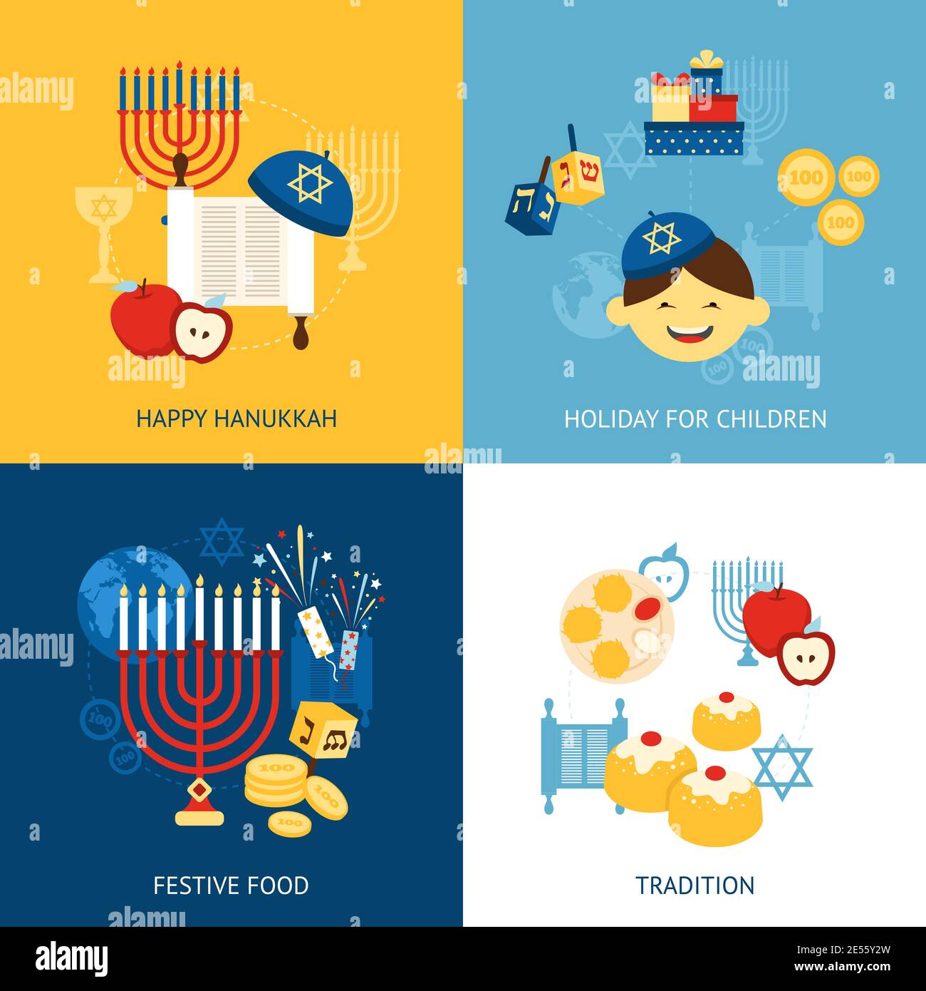 Hanukkah design concept set with religious tradition flat icons set isolated vector illustration Stock Vector
