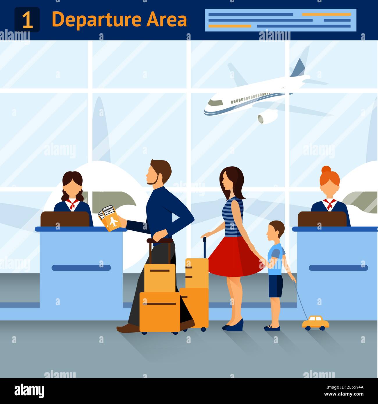 Scene airport departure area with passengers reception and airplanes on background with title on top vector illustration Stock Vector