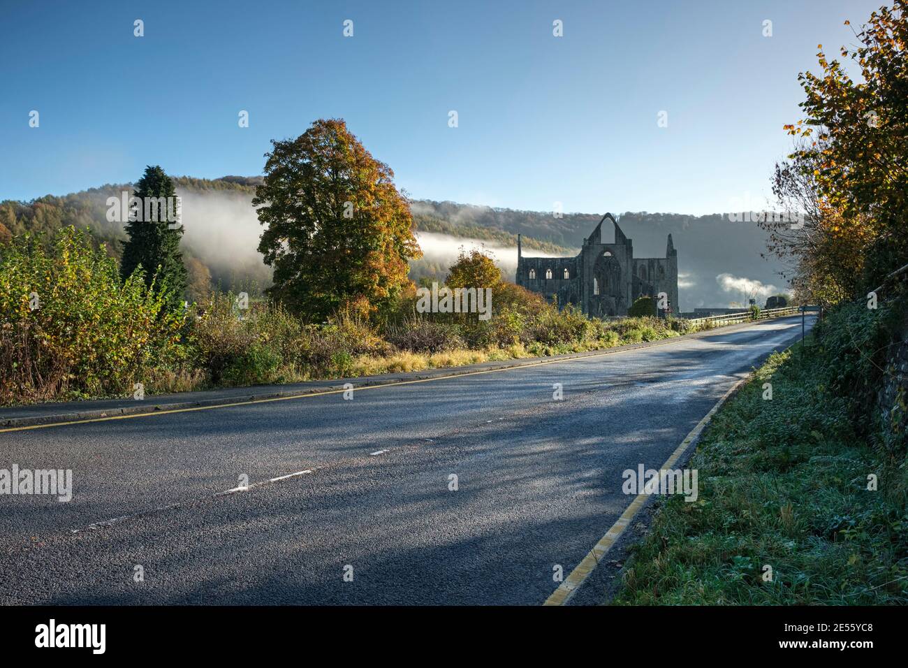 Tintern Abbey next to the A466 Wye valley road. Stock Photo