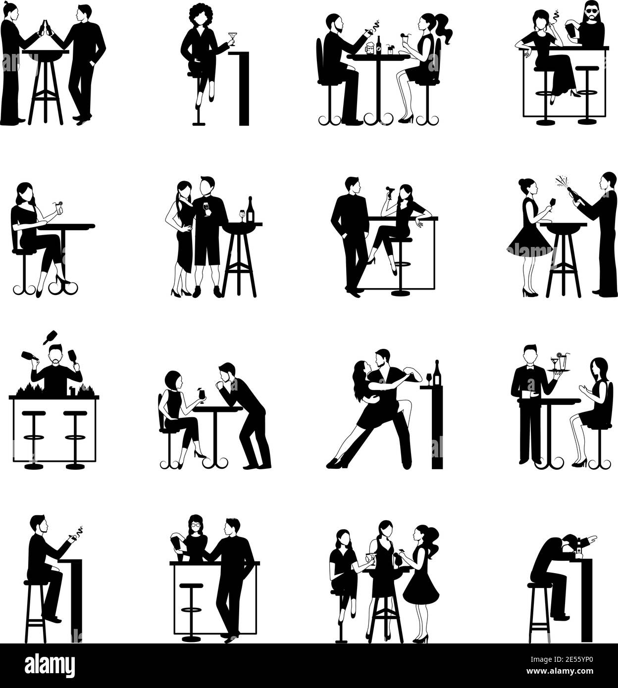 Drinking people icons set black and white isolated vector illustration Stock Vector