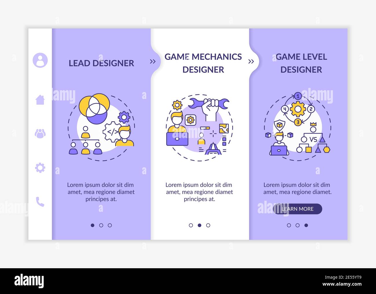 Game designers types onboarding vector template Stock Vector