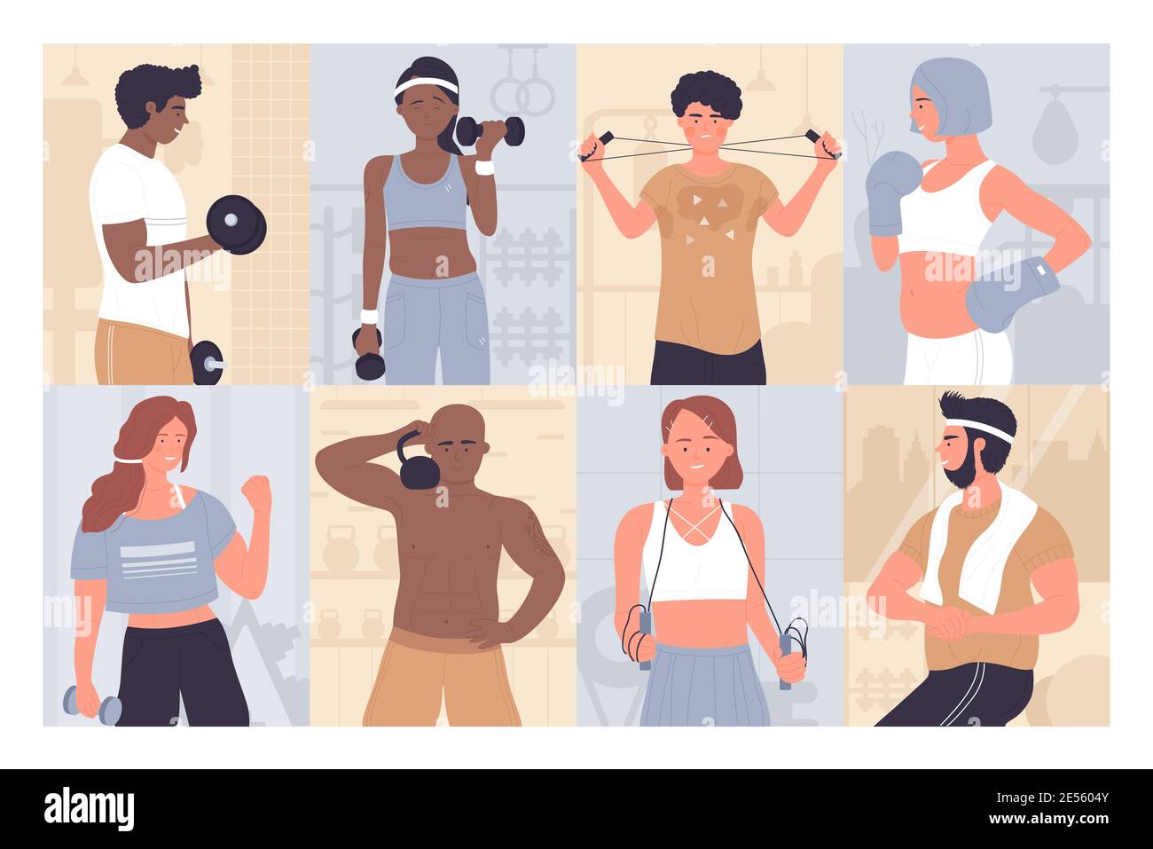 People at sports training workout vector illustration set. Cartoon active young and old man woman sportsman character doing exercises, athlete holding dumbbells or barbell background collection Stock Vector