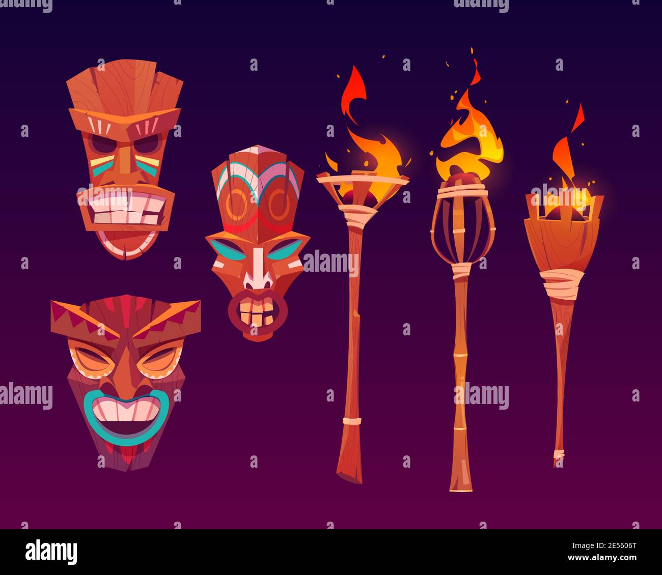 Tiki masks and burning torches, tribal wooden totems, hawaiian or polynesian attributes, scary faces with toothy mouth decorated with painting isolated on dark background. Cartoon vector icons set Stock Vector
