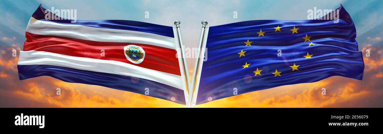 European Union Flag and Costa Rica flag waving with texture sky Cloud and sunset Double flag Stock Photo