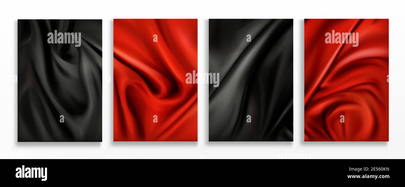 Red and black silk folded fabric backgrounds, luxurious textile decoration backdrop for poster, banner or cover design. Drapery material with soft satin waves, poster, 3d vector realistic illustration Stock Vector