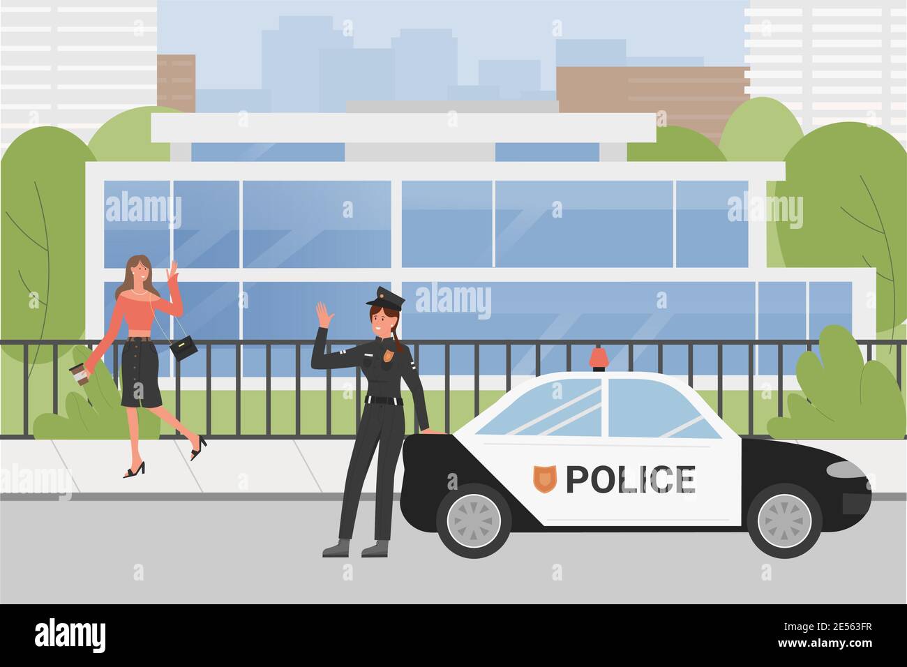 Police officer cop on city street urban scene vector illustration. Cartoon woman police worker character in uniform waving to walking pedestrian girl, standing in front of patrol police car background Stock Vector