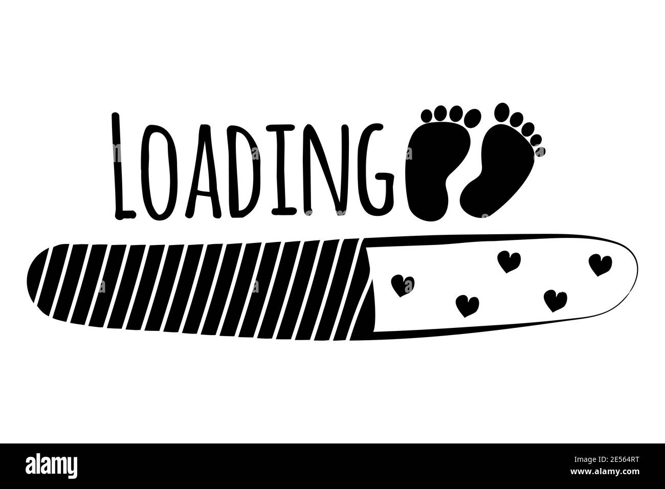 Loading with baby footprint and hearts, cute greeting with coming soon newborn for pregnant mother. Monochrome print, poster isolated on white backgro Stock Vector