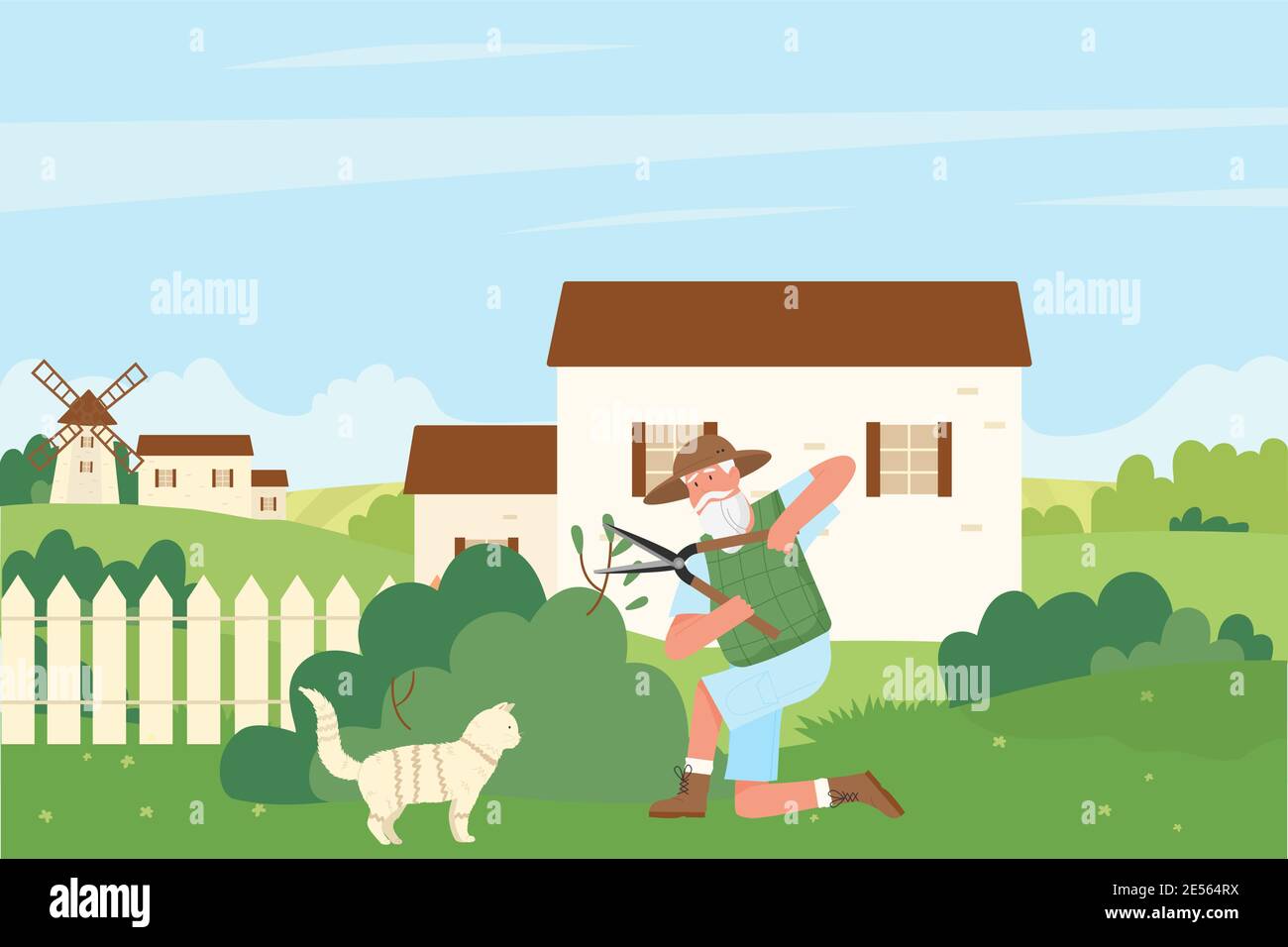Gardener cutting green bush hedge vector illustration. Cartoon elderly senior man character trimming lawn, working in summer garden or park, holding pruning shears trimmers to trim greenery background Stock Vector