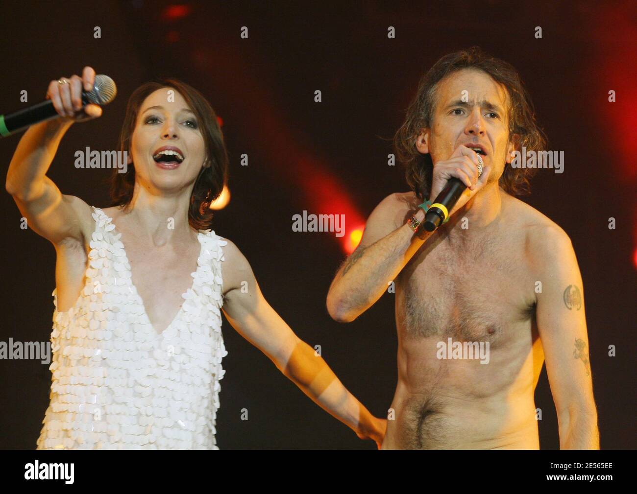 Jeanne Cherhal and Didier Wampas live on stage on the second day of the annual AIDS charity and fundraising music festival 'Solidays', held at Longchamp racetrack in Paris, France, on July 5, 2008. Photo by Denis Guignebourg/ABACAPRESS.COM Stock Photo