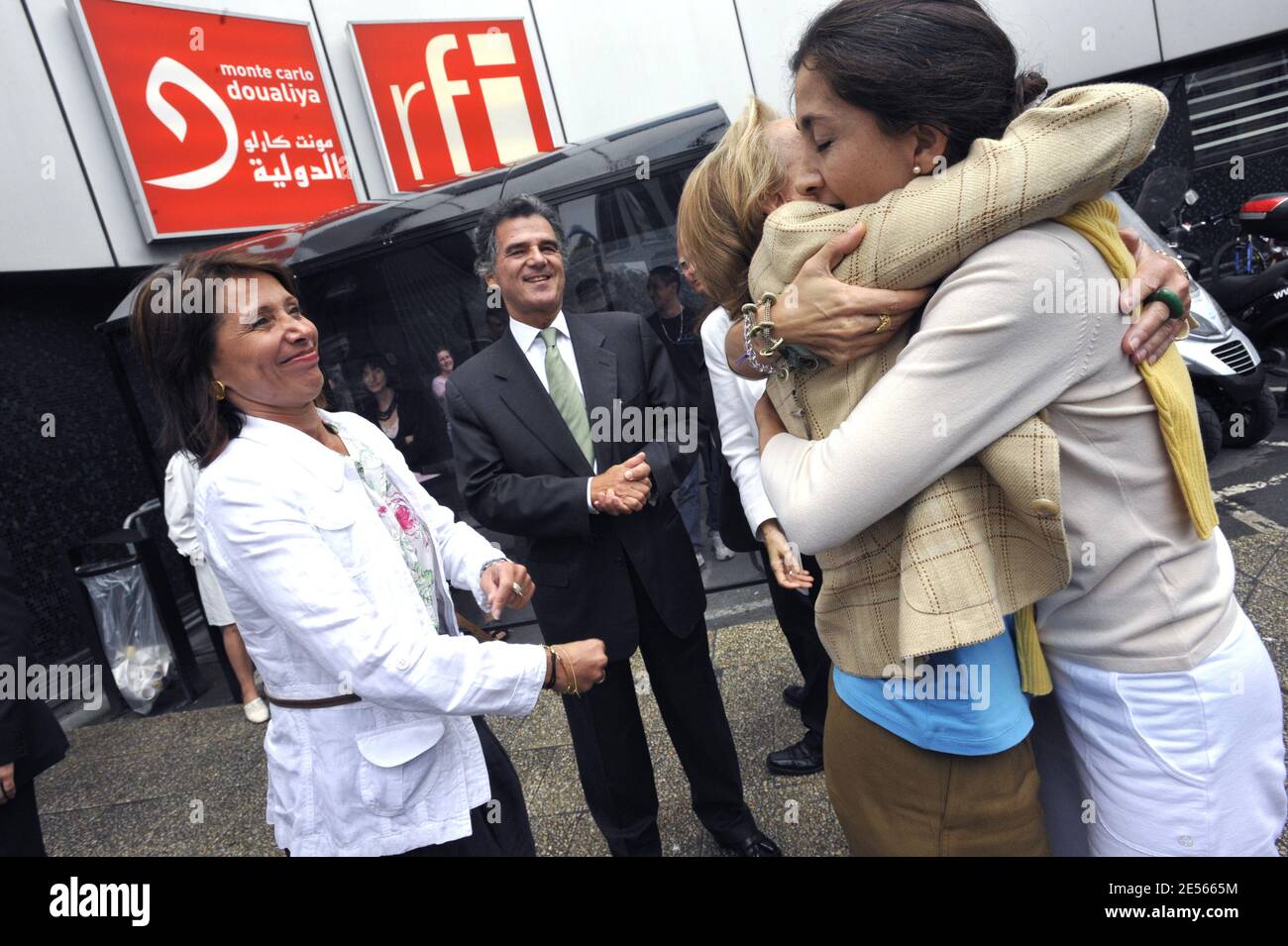 CEO of RFI Alain de Pouzilhac and Christine Ockrent receive Ingrid  Betancourt at arrival before her radio address to hostages in Spanishon RFI  (Radio France International) radio station, 'Maison de la Radio'