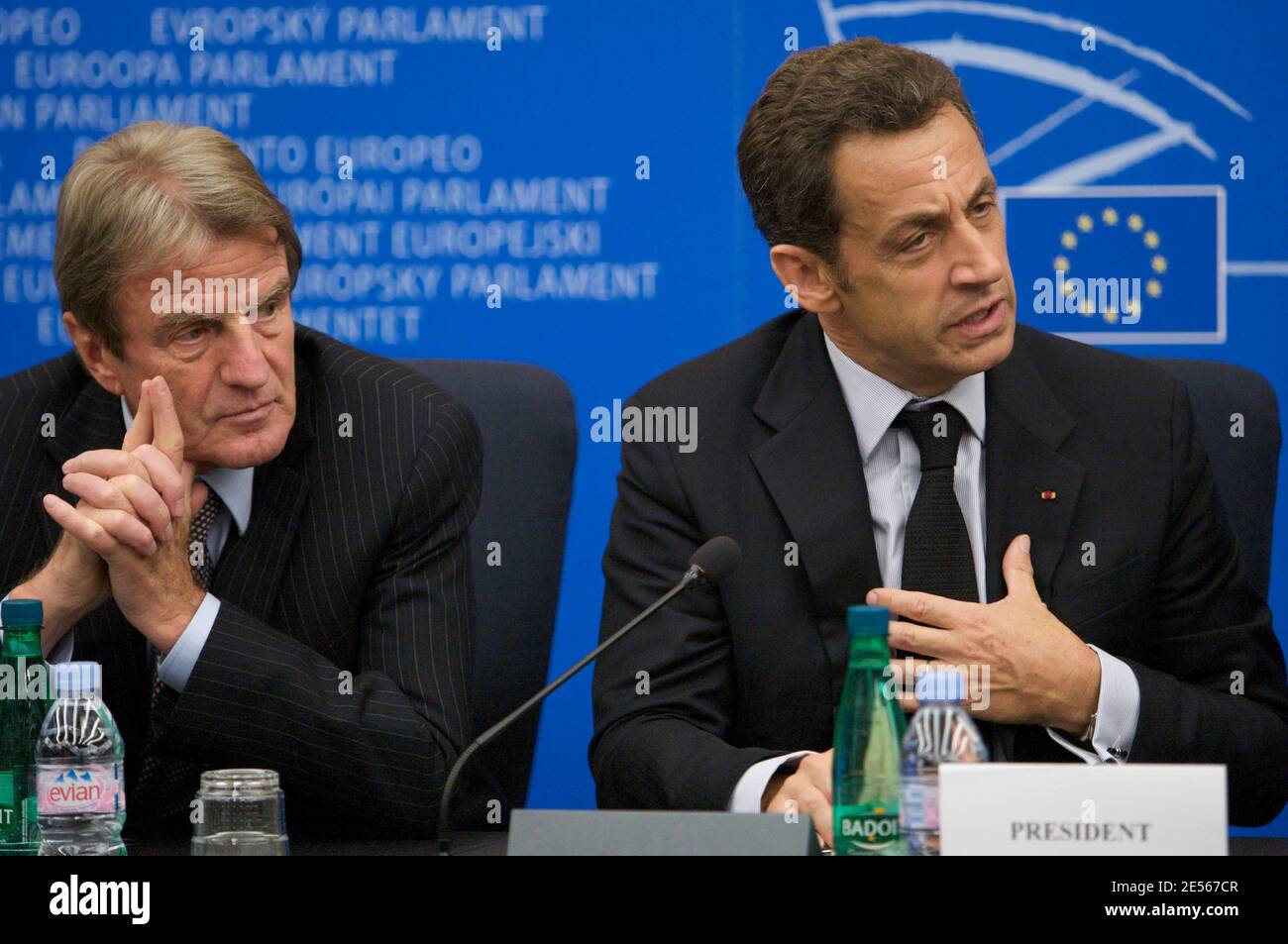 Nicolas Sarkozy (R) addresses the European Parliament next to French foreign affairs minister Bernard Kouchner (L,) in the eastern French city of Strasbourg on July 10, 2008. Nicolas Sarkozy expressed determination today to solve the European Union's reform treaty woes by the end of the year, but appealed for help from all Europe's political forces. Laying out France's priorities for its six-months at the EU helm, Sarkozy also warned that the future of the enlargement process was also under threat, since Ireland rejected the Lisbon Treaty last month. Photo by Antoine/ABACAPRESS.COM Stock Photo