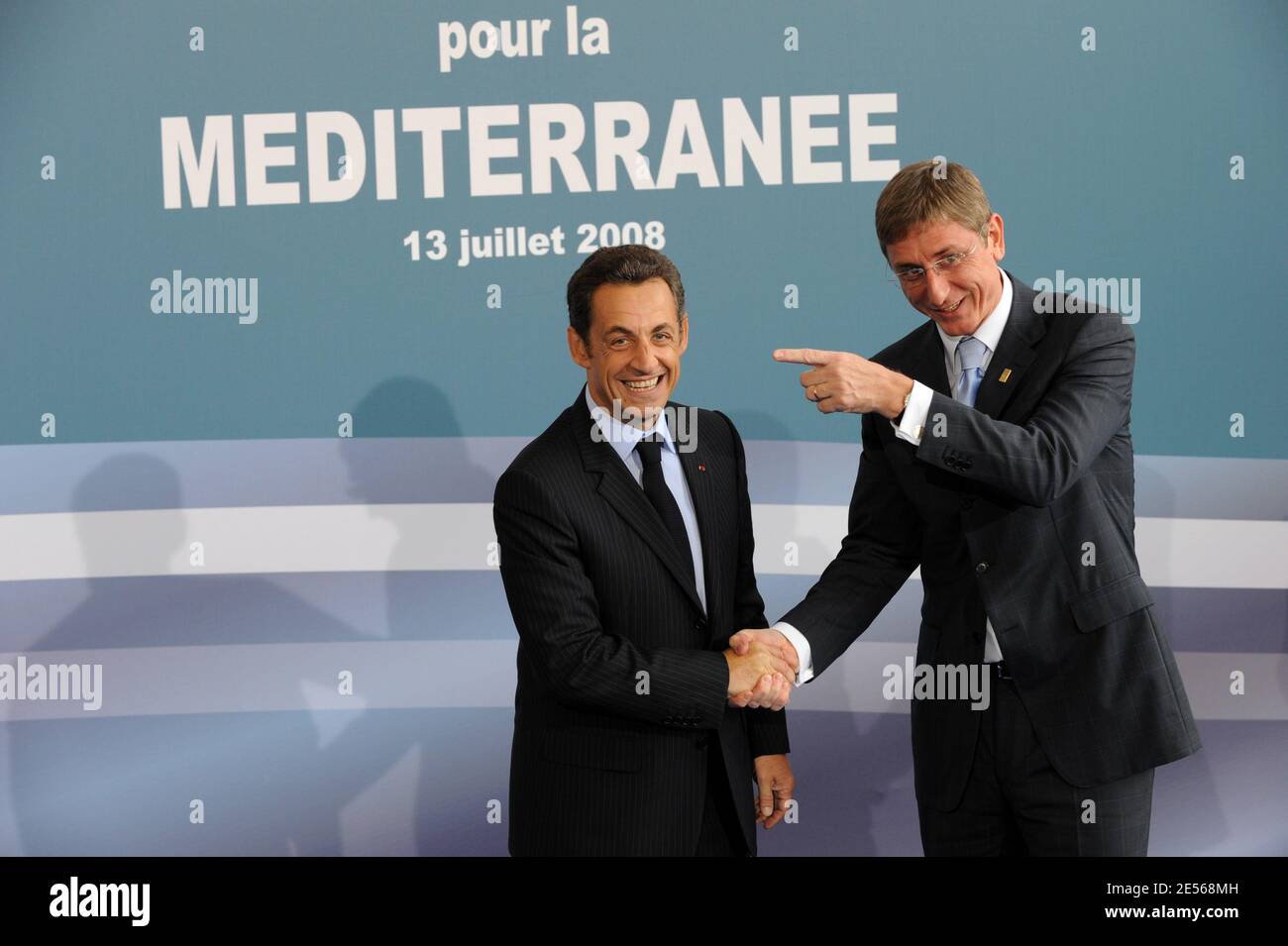 French President Nicolas Sarkozy welcomes Hungary's Prime minister Ferenc Gyurcsany at opening of the Paris' Union for the Mediterranean founding summit at the Grand Palais in Paris, France on July 13, 2008. French President Nicolas Sarkozy and 42 leaders launch today a union between Europe and its Mediterranean neighbours but tensions among Middle East countries could undermine the grand plan. Photo by Benainous-Hounsfield/Pool/ABACAPRESS.COM Stock Photo