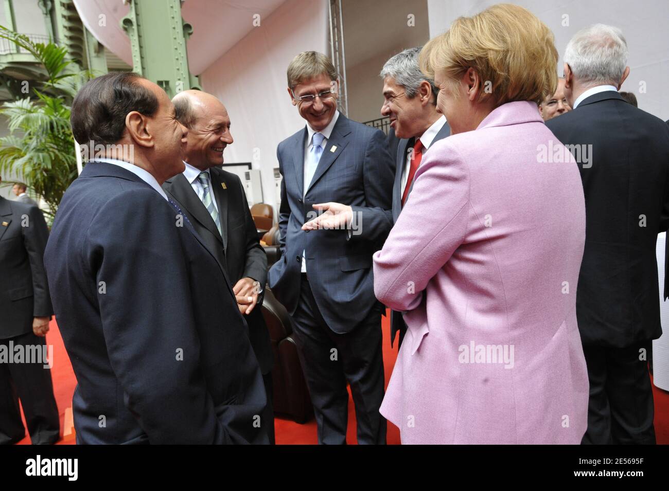 Italian President Silvio Berlusconi, Hungary's Prime minister Ferenc Gyurcsany, Portuguese Prime Minister Jose Socrates and German Chancellor Angela Merkel during Paris' Union for the Mediterranean founding summit at the Grand Palais in Paris, France on July 13, 2008. French President Nicolas Sarkozy and 42 leaders launch today a union between Europe and its Mediterranean neighbours but tensions among Middle East countries could undermine the grand plan. Photo by Elodie Gregoire/ABACAPRESS.COM Stock Photo