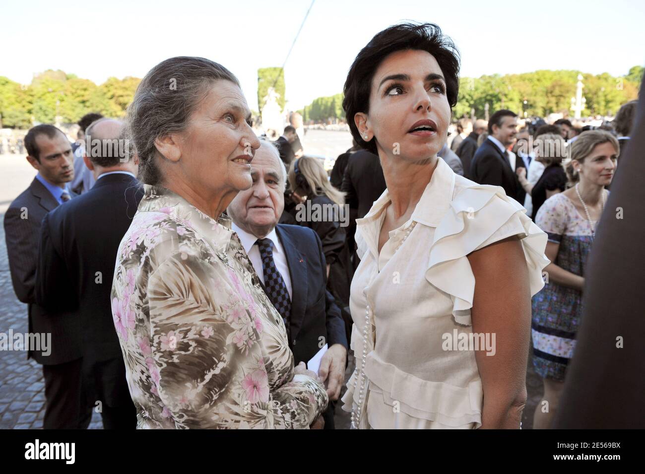 Simone Veil, her husband Antoine and Rachida Dati attend the 2008 annual military parade down the Champs Elysees on Bastille Day in Paris, France on July 14, 2008. Nicolas Sarkozy presides for the second time over Bastille Day national holiday celebrations. Photo by Thierry Orban/ABACAPRESS.COM Stock Photo