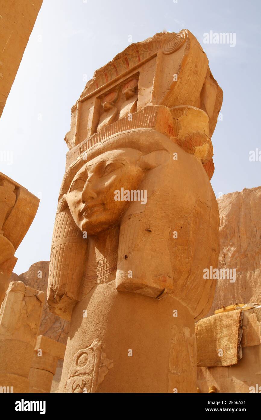 Column capital with the face of Hatshepsut goddess, located at Hatshepsut temple in Thebes Stock Photo