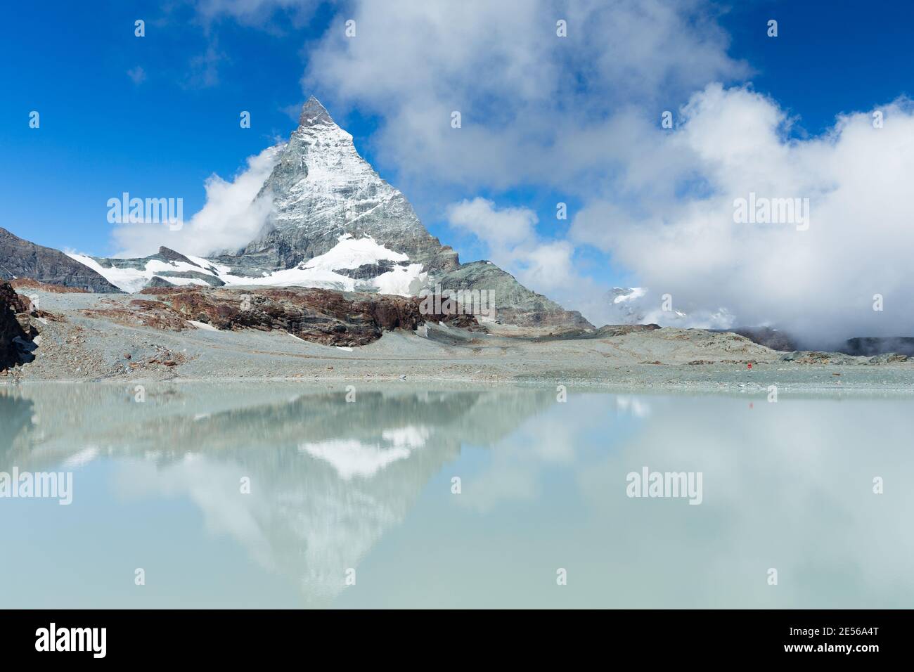 Reflection of the Matterhorn in Theodulgletschersee lake at Trockener Steg. Stock Photo