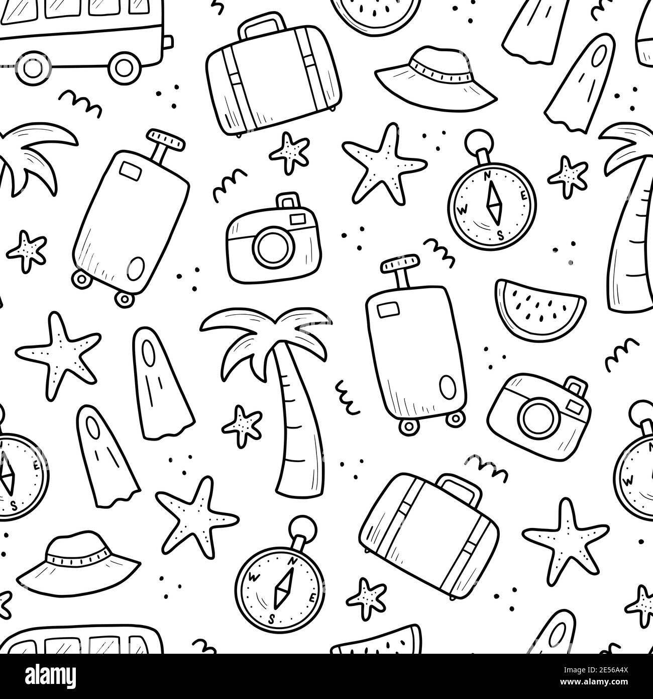 Hand drawn seamless pattern of travel summer vacation elements, luggage