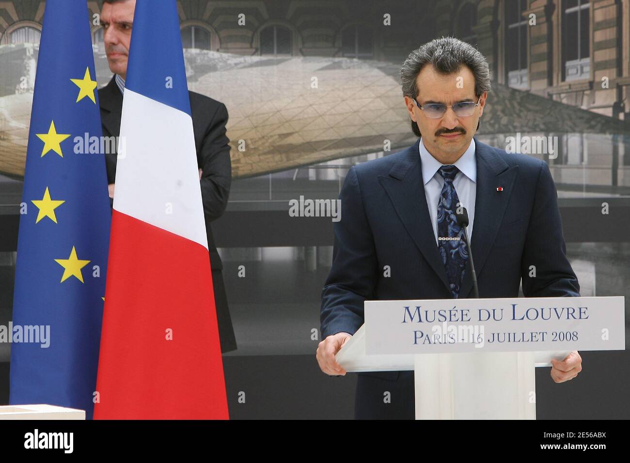Saudi Arabian Prince Alwaleed bin Talal Bin Abdul aziz Al Saud delivers a speech at Louvre museum's in Paris, France, on July 16, 2008 during the ceremony marking the launch of the works. Photo by Pierre Villard/Pool/ABACAPRESS.COM Stock Photo