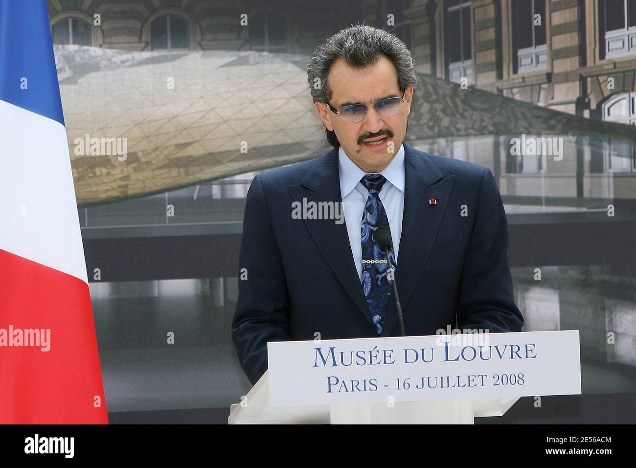 Saudi Arabian Prince Alwaleed bin Talal Bin Abdul aziz Al Saud delivers a speech at Louvre museum's in Paris, France, on July 16, 2008 during the ceremony marking the launch of the works. Photo by Pierre Villard/Pool/ABACAPRESS.COM Stock Photo