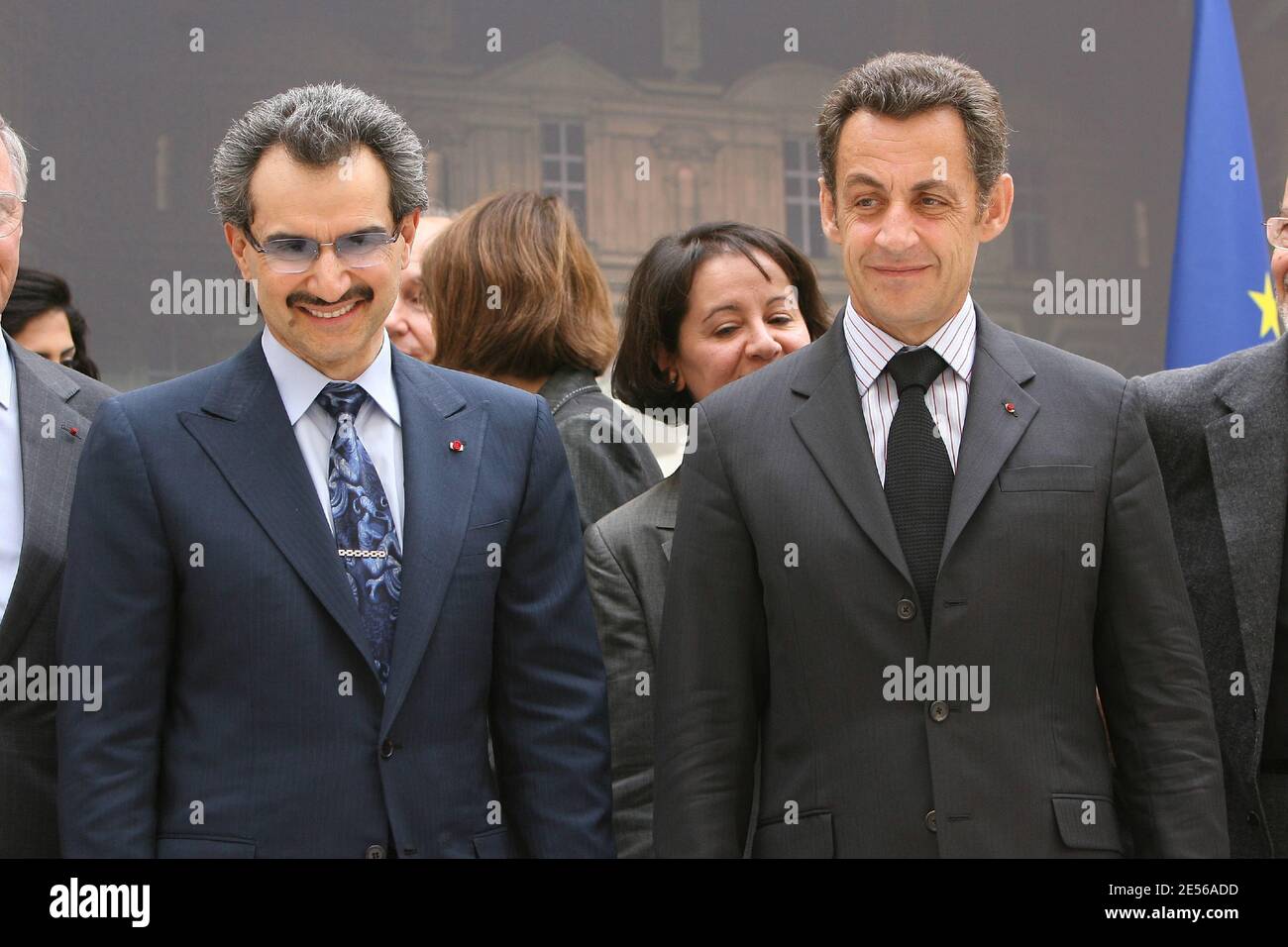 Saudi Arabian Prince Alwaleed bin Talal Bin Abdul aziz Al Saud and French President Nicolas Sarkozy behind the first stone of the Louvre museum's future Islamic art department at Louvre Museum's in Paris, France, on July 16, 2008 during the ceremony marking the launch of the works. Photo by Pierre Villard/Pool/ABACAPRESS.COM Stock Photo