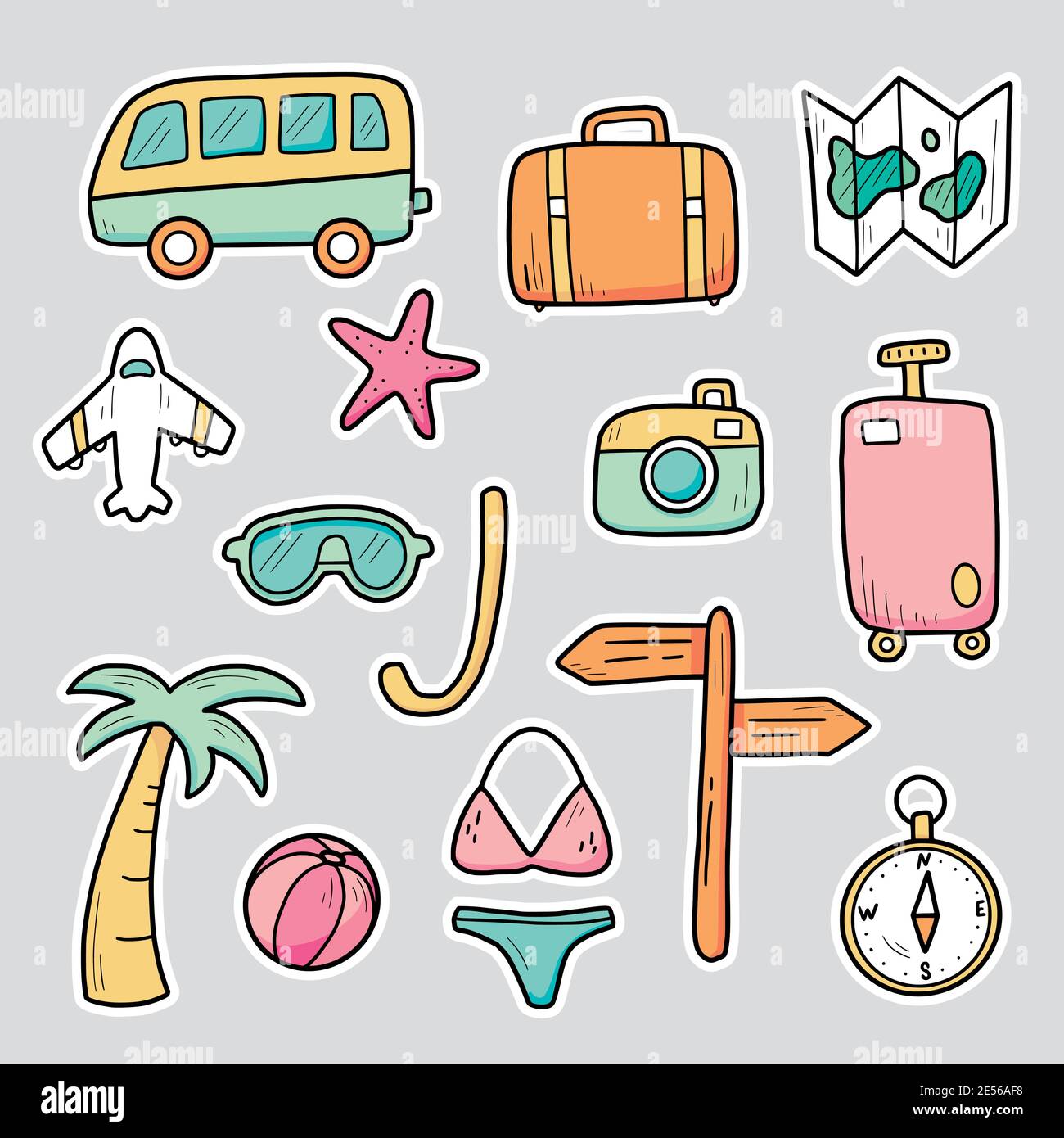 Hand drawn stickers set of travel summer vacation elements, luggage, map,  suitcase, sea star. Doodle sketch style. Travel element drawn by digital  pen. Illustration for sticker design Stock Vector Image & Art 