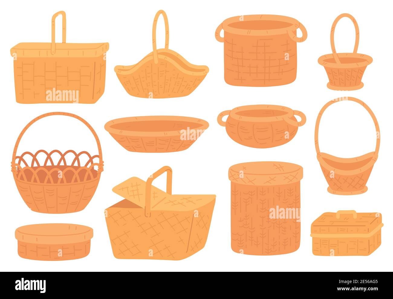 Wicker baskets. Empty straw basket for picnic, grocery or gift. Handmade round bamboo hamper and box. Trendy flat rattan basketry vector set Stock Vector