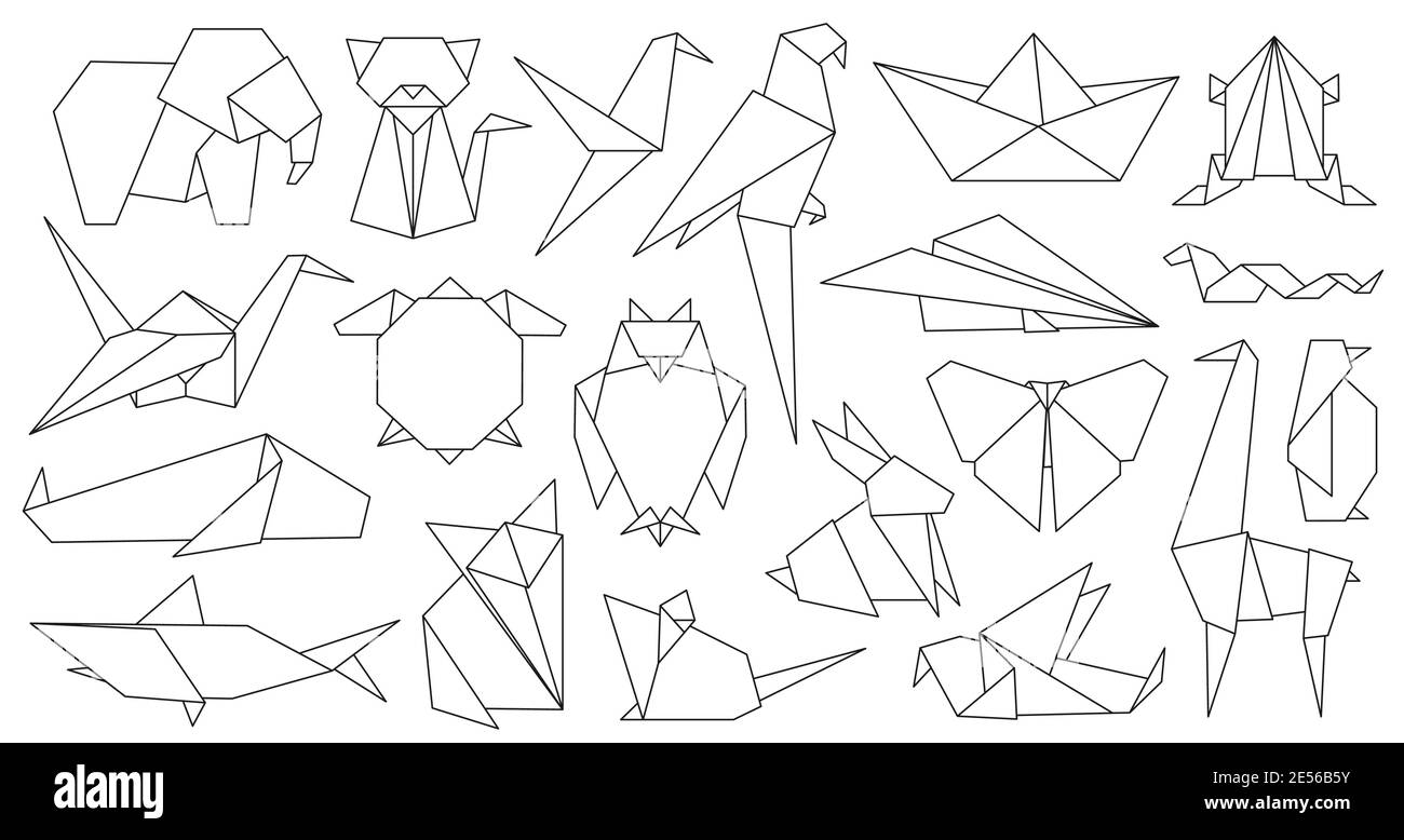 Origami line animals. Paper geometric graphic logo and icon bird, fox, crane, mouse, shark and elephant. Outline abstract animal vector set Stock Vector