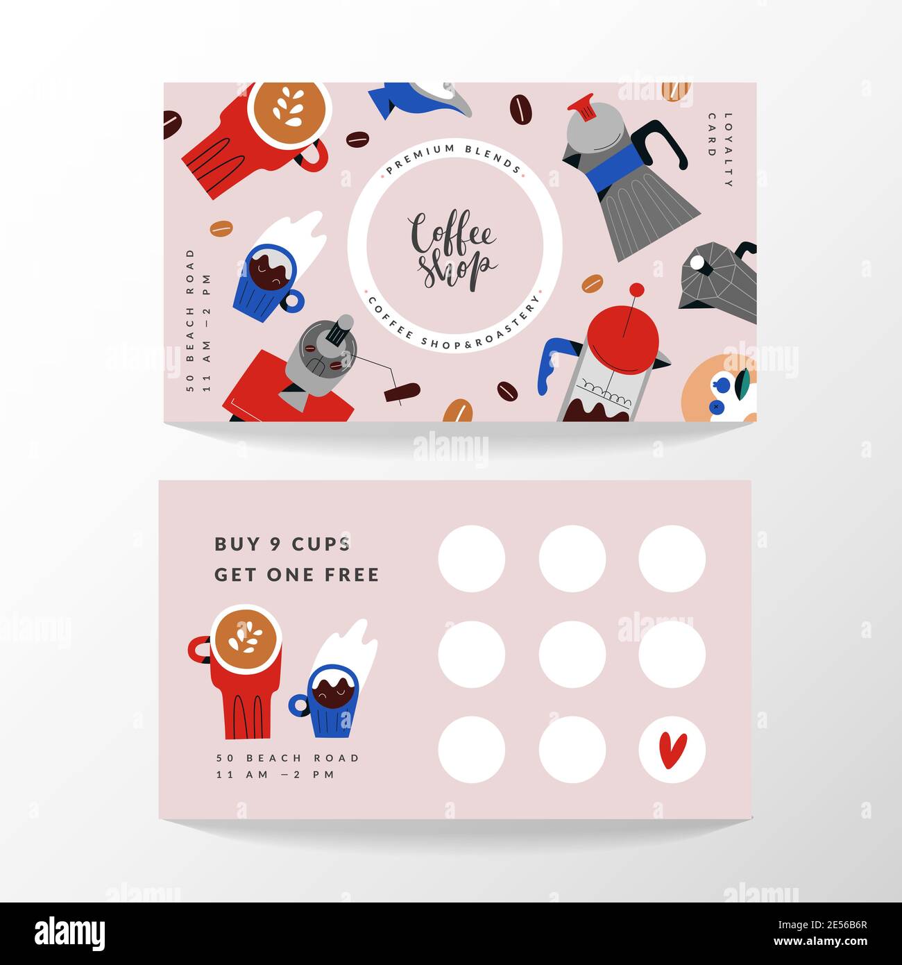 Coffee shop card, loyalty card template for cafe or coffee shop. Place for stamps. Layout with hand drawn illustrations of coffee mugs and brewing Stock Vector
