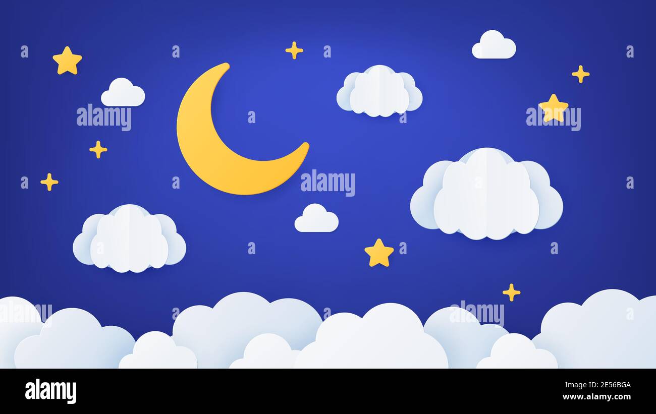 Paper art night sky. Origami dream landscape scene with moon, stars and clouds. Paper cut cartoon decoration for baby sleep, vector concept Stock Vector