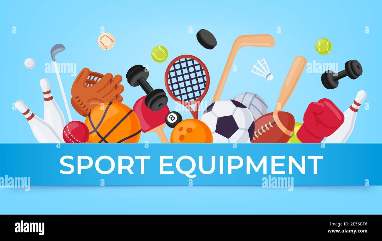 Sport equipment banner. Ball games and fitness items for rugby, badminton, soccer and basketball. Cartoon sports elements sale vector poster Stock Vector