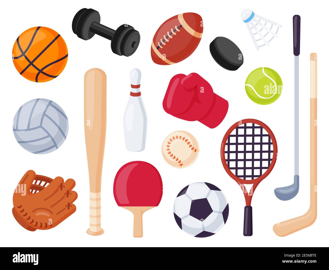 Sport equipment. Cartoon balls and gaming item for hockey, rugby, baseball and tennis racket. Bowling, boxing and golf flat icons vector set Stock Vector