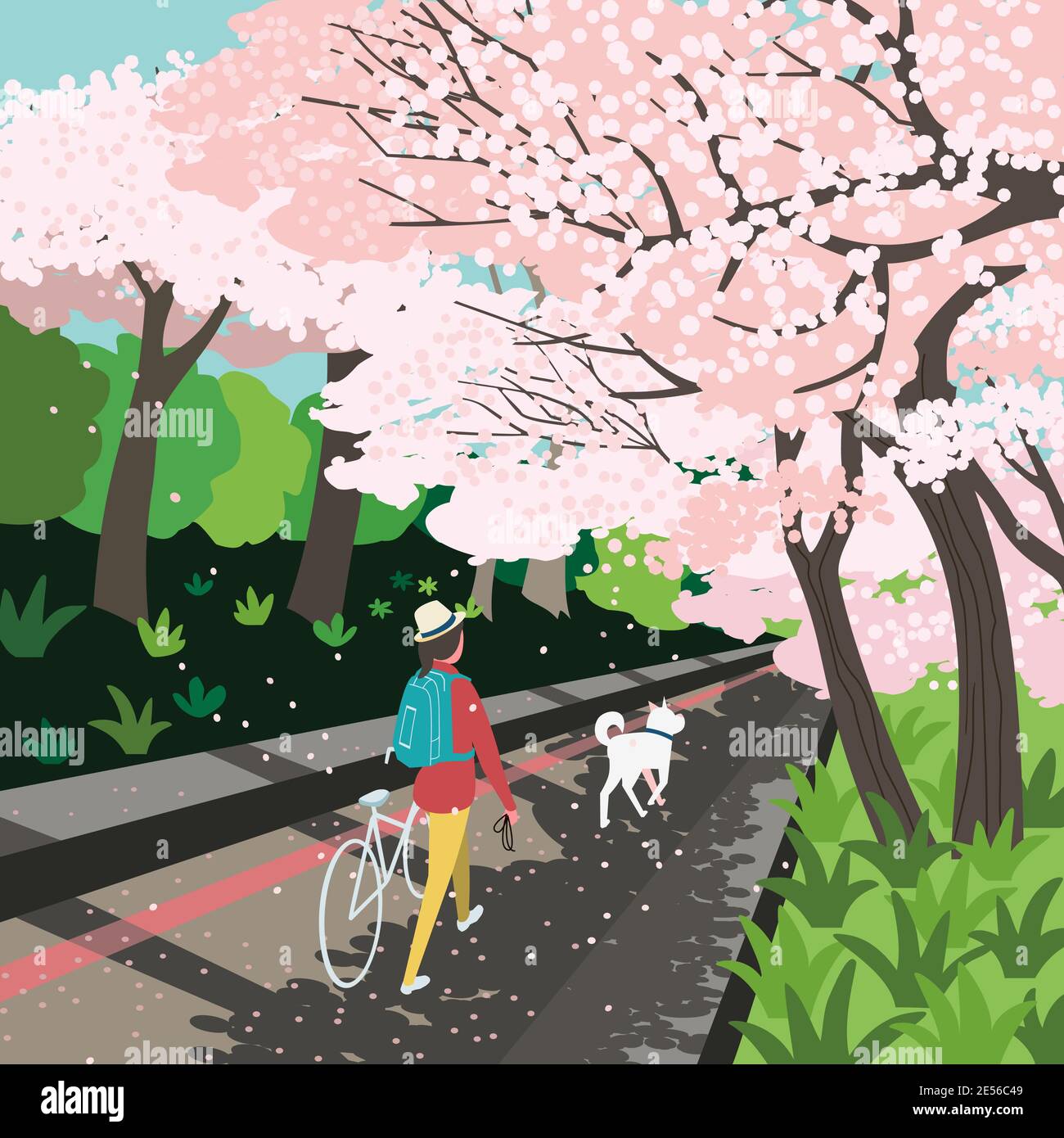 Blooming cherry public park outdoor activity vector poster Stock Vector