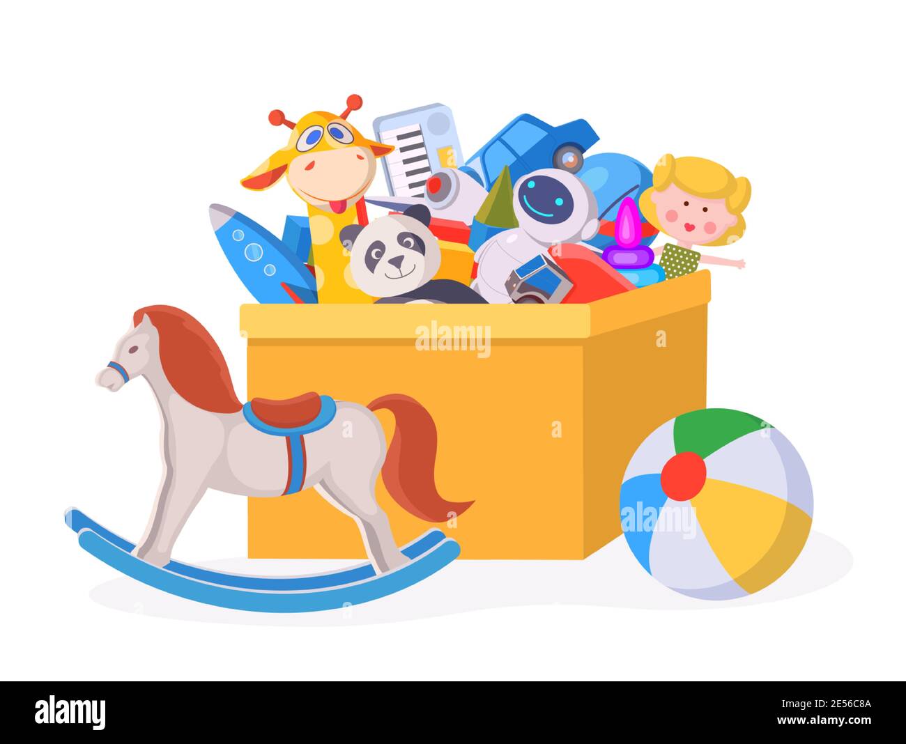 Kids toy box. Cartoon children play container with doll, ball, stuff animals, car and horse. Boys and girls kindergarten toys vector concept Stock Vector