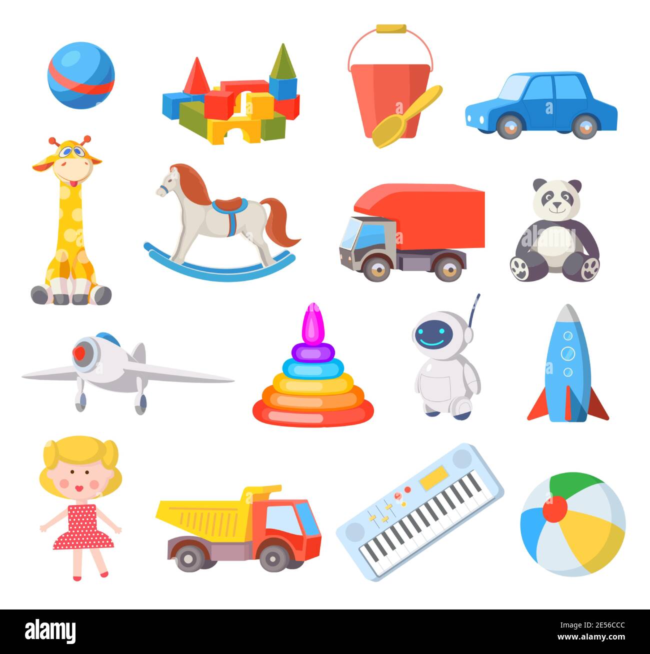 Baby toys. Cartoon kids toy for boys and girls ball, car, doll, robot, rocket and airplane. Fun child belongings for baby shower vector set Stock Vector