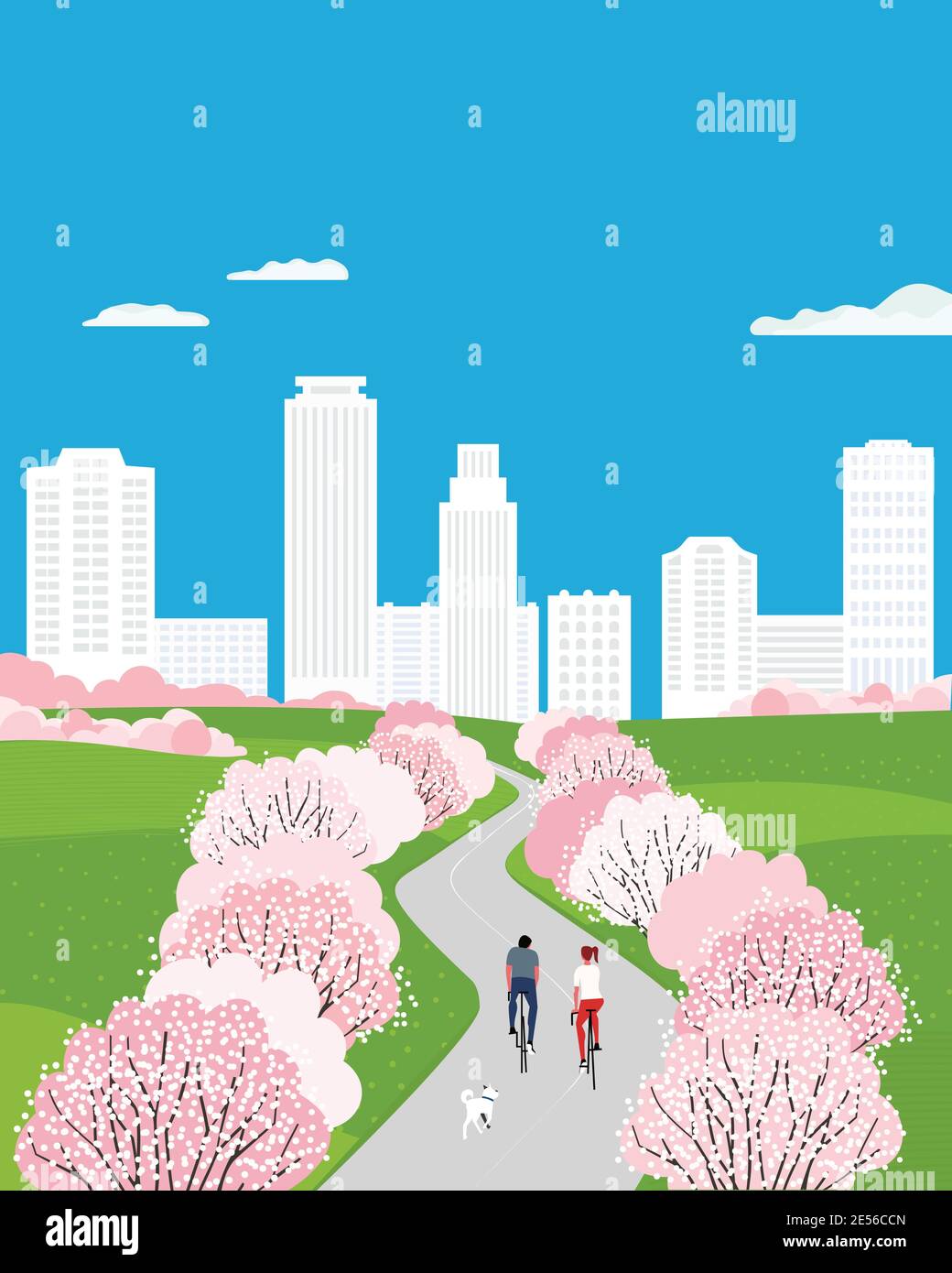 Blooming cherry public park outdoor activity vector poster Stock Vector